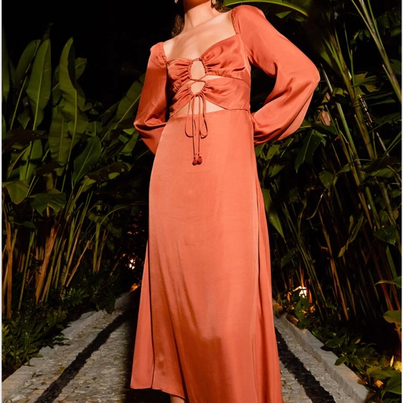 🌸NWT FARM XS Rio Satin Caramel Cutout Front-Tie Midi Dress - Picture 1 of 17
